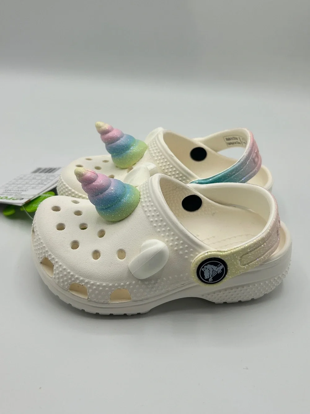 Crocs Kids White Unicorn Clog Sandals with Pastel Rainbow Horns